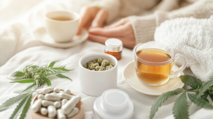 A cozy setup featuring herbal tea, cannabis buds, capsules, and leaves, promoting a natural and relaxing wellness routine in a serene setting.