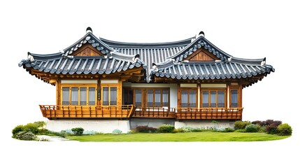 Obraz premium Traditional Korean Hanok House with Curved Roof and Wooden Structure
