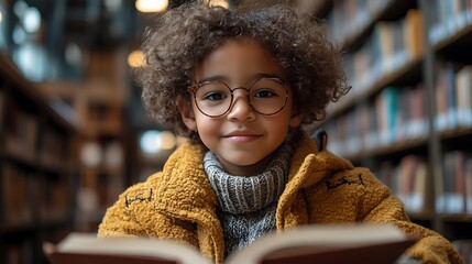 Happy young disabled mixed race school student in wheelchair reading a library book. African american child with disability learning. Inclusive & diverse education