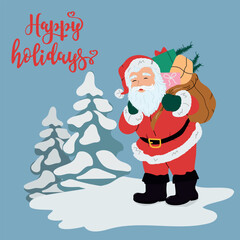 Cute Santa with present box. Happy holidays 2024. Winter design vector illustration.