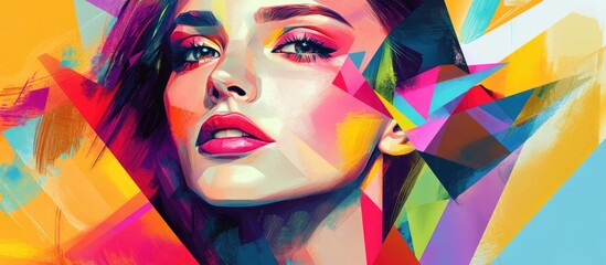 Obraz premium Abstract geometric portrait of a woman featuring vibrant triangles and rectangles in a surreal artistic style