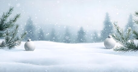 Minimalist snowy landscape with Christmas decorations for holiday ads.