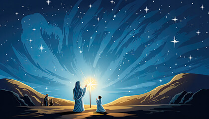 Naklejka premium Nativity Scene With Comet Star