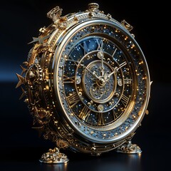 Fototapeta premium Intricate golden clock design with detailed craftsmanship and starry backdrop, showcasing elegance and timeless artistry.