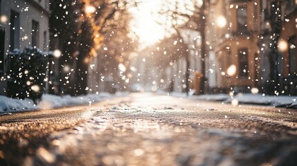 An empty scene featuring (a serene moment with snowflakes falling on a quiet street), creating an ideal product mockup space,