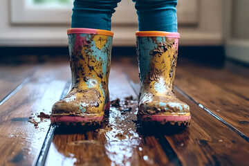 Muddy Kids. Rubber Rain Boots for Dirty Children on Laminate Floor