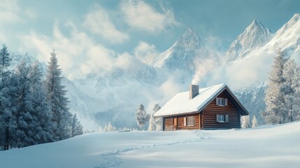 Naklejka premium An empty scene featuring (a snow-covered mountain cabin with smoke curling from the chimney), creating an ideal product mockup space, 