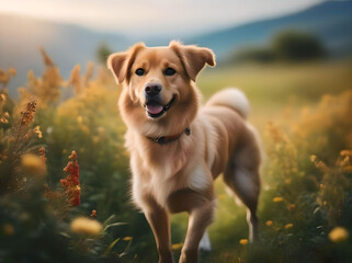 A golden retriever strolls through a colorful flower field, embodying joy in a picturesque garden setting. generated ai