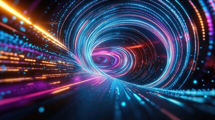 A vivid swirl of neon lights creating a mesmerizing tunnel effect, representing motion and energy in a digital universe.