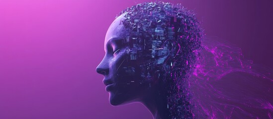 Surreal 3D illustration of a human head against a purple backdrop embodying themes of cyborgs and artificial intelligence