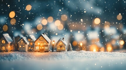 Fototapeta premium An empty scene featuring (a snowy Christmas village with twinkling lights and softly falling snowflakes), creating an ideal product mockup space, 