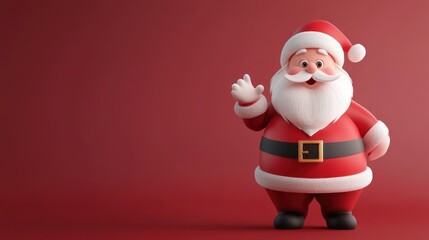 Cheerful cartoon Santa Claus with red background and copy space, waving with a friendly smile.