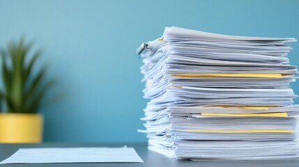 Stack of paperwork on desk with plant in background