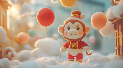 Cute Sunwukong plush standing on cloud streets with colorful wool felt balloons floating above