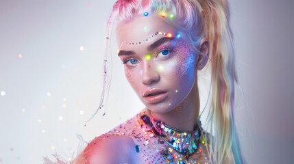 Woman with glitter on her face and bright makeup on a pink background

