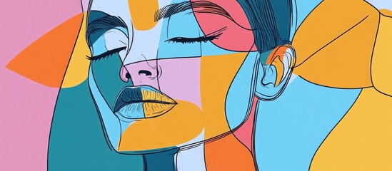Obraz premium Pastel aesthetic portrait in abstract cubism style featuring a continuous hand drawn doodle 2d illustration Minimalist design ideal for invitations flyers placards and posters