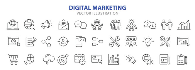 Marketing icon set with editable stroke. Digital Marketing thin line icon collection. Vector illustration