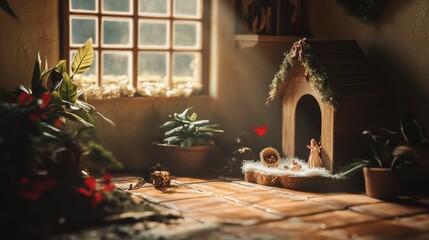 An empty scene featuring (a traditional nativity scene set up in a cozy corner), creating an ideal product mockup space, 