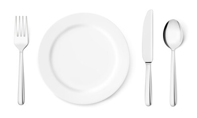 Set cutlery of fork, spoon and plate. Realistic vector illustration. Can be use for template your design, presentation, promo, ad. EPS10.