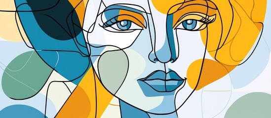 Obraz premium Abstract single line drawing of a face Surreal modern cubist art featuring a fashionable woman Geometric design in blue yellow orange and green Female portrait artwork