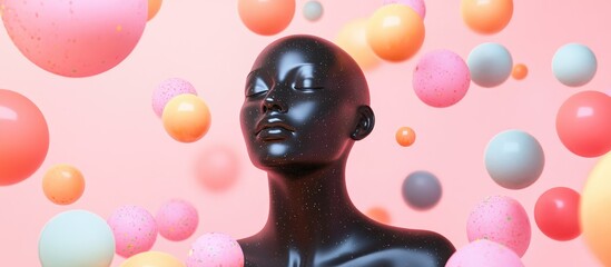 Surreal 3D artwork featuring a glossy black female bust surrounded by colorful floating spheres against a pastel pink backdrop