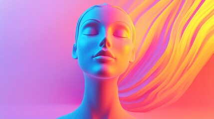 Abstract 3D illustration of a colorful female bust figure with a flat faceless design set against a psychedelic background in vibrant vaporwave hues