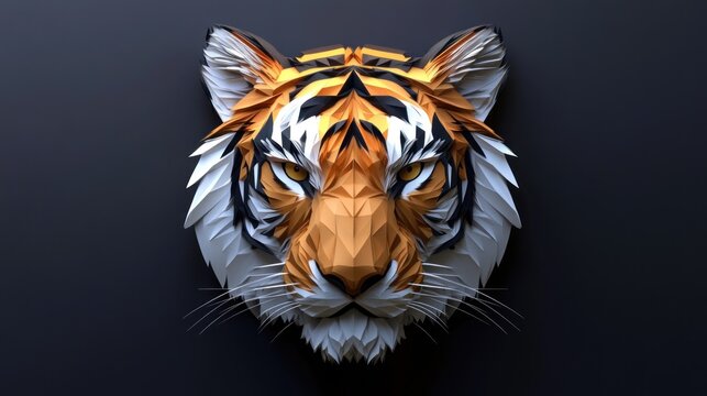 Low polygon tiger head with white, orange and black stripes on a dark blue background.
