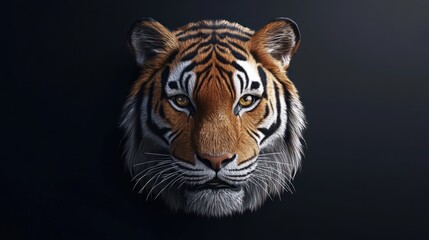 Close-up portrait of a tiger's face with black background.
