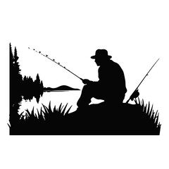 Silhouette of a Fisherman Fishing Vector Illustration