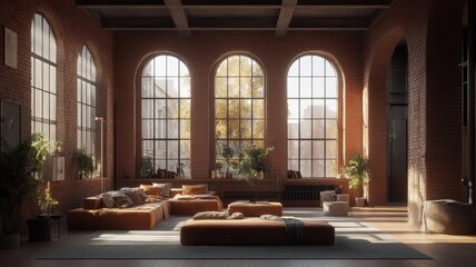 Cozy modern living room with large windows and comfortable furniture.