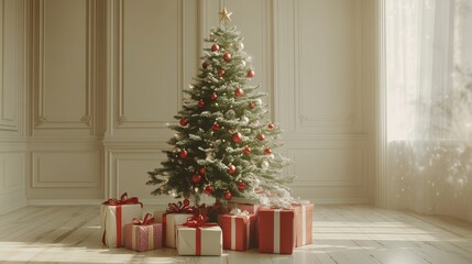 An empty scene featuring (a whimsical Christmas tree surrounded by beautifully wrapped gifts), creating an ideal product mockup space,