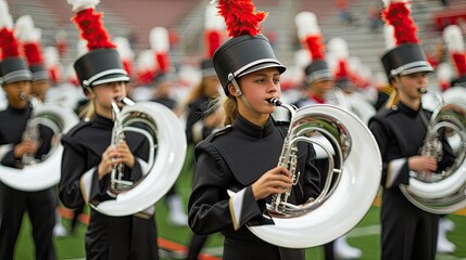 A young musician plays the tuba in a marching band during a vibrant outdoor performance with colorful uniforms.