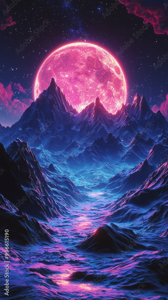 Wall mural A stunning 3D rendered landscape featuring majestic mountains illuminated by glowing pink moon. vibrant colors create surreal and captivating atmosphere, perfect for evoking sense of wonder