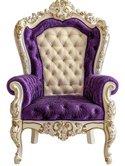 luxury classic wooden purple and cream throne chair with elegant royal carving isolated on transparent background 