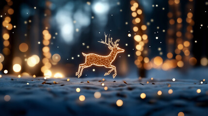 A reindeer light figure in a dynamic leaping pose, illuminated against a backdrop of soft bokeh lights in a snowy forest setting, creating a sense of motion and festivity.