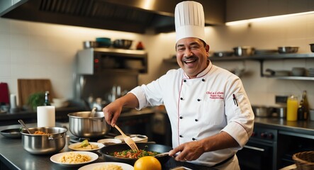 Joyful middleaged Hispanic chef in a restaurant interacting with customers
