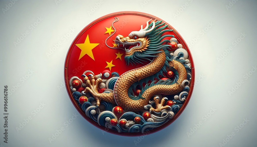 Wall mural a red dragon is on a white background. the dragon is surrounded by a circle and has a star in the mi