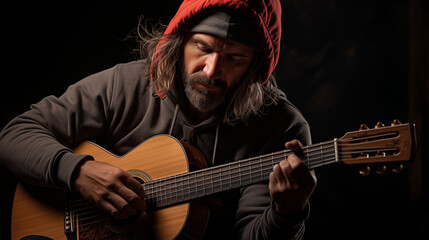 Obraz premium Man in Hoodie Playing Acoustic Guitar, Deep Focus and Emotional Vibes