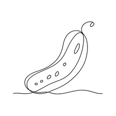 A cucumber is shown in a black and white drawing. The cucumber is sliced in half and has a few small holes in it. The drawing is simple and clean, with no other elements or distractions