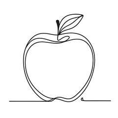 A black and white drawing of an apple with a leaf on top. The apple is the main focus of the drawing and the leaf is a secondary detail