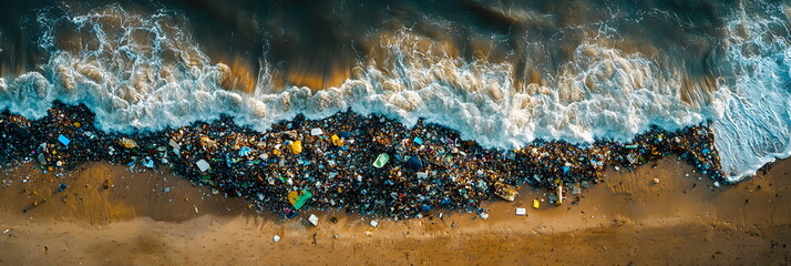 Aerial view of the beach with waves crashing onto an endless sea of plastic waste, plastic bottles, and trash in muted earthy tones, representing environmental pollution by drone photography