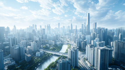 A breathtaking view of a sprawling metropolis with numerous high-rise buildings, a winding river, and a cloudy blue sky.