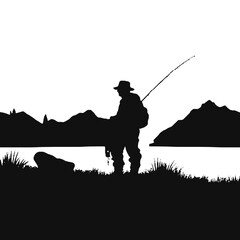 Fisherman in Action Silhouette Isolated on White Background – Vector Illustration