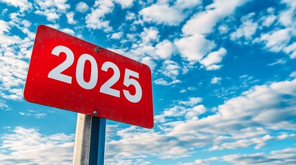 Text "2025" displayed on a red sign against a blue sky symbolizing new year goals business growth and future challenges.