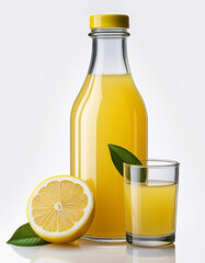 Fototapeta premium Freshly squeezed lemon juice in a clear bottle next to a sliced lemon on a bright backdrop