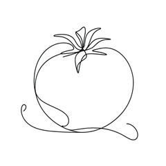 A tomato is drawn in a line drawing style. The tomato is surrounded by a wavy line, which gives it a sense of movement and adds visual interest to the drawing