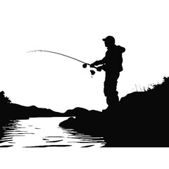 Fisherman Ready for Catch Silhouette Isolated on White Background – Vector Art