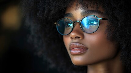 Closeup Portrait of a Young Woman Wearing Glasses and Looking Away