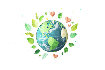 Artistic Illustration of Earth Surrounded by Leaves and Hearts – Symbolizing Love and Sustainability for Our Planet