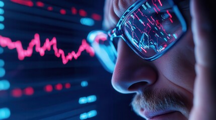 Stressed businessman looking at a declining stock market graph.